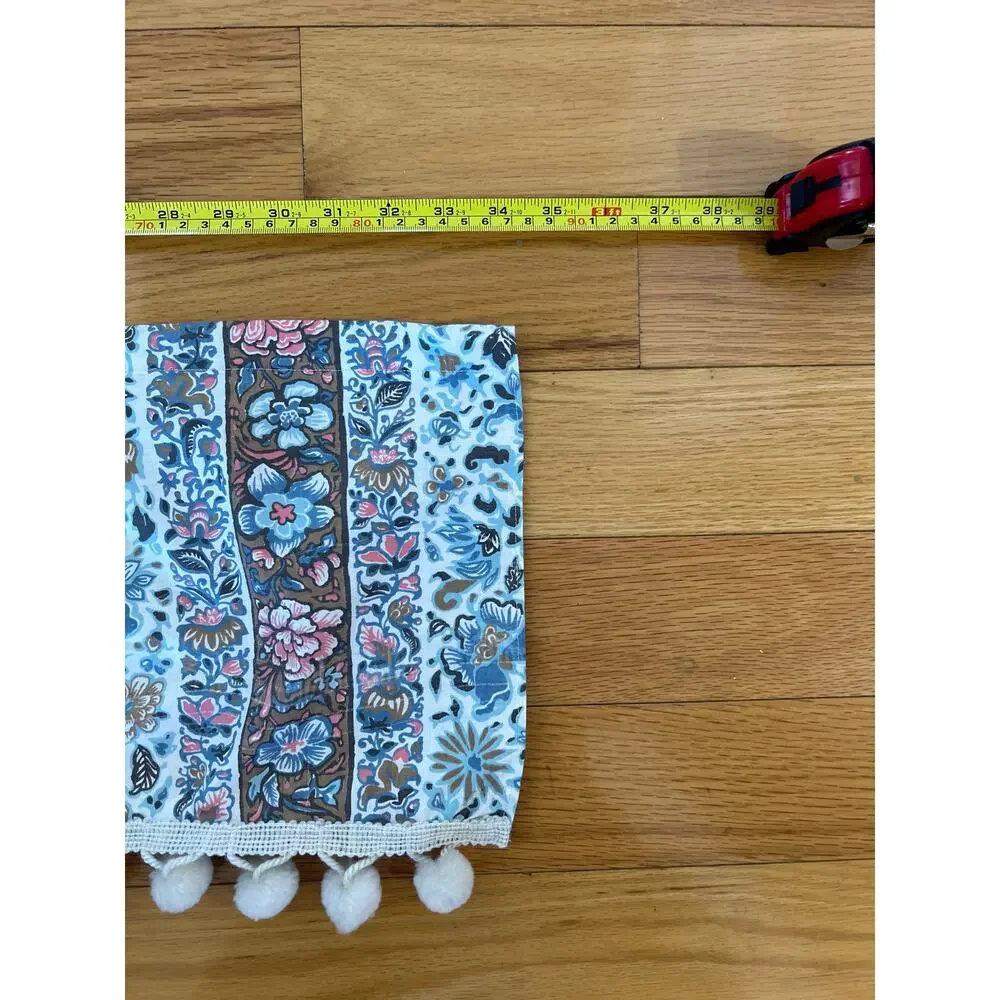 Handmade Pink Blue White Block Print Boho Floral Pom Pom Window Valance 34x11